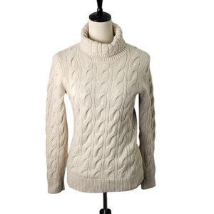 L.L. Bean Chunky Cable Knit Turtleneck Sweater Wool Blend Beige Sz M Fisherman